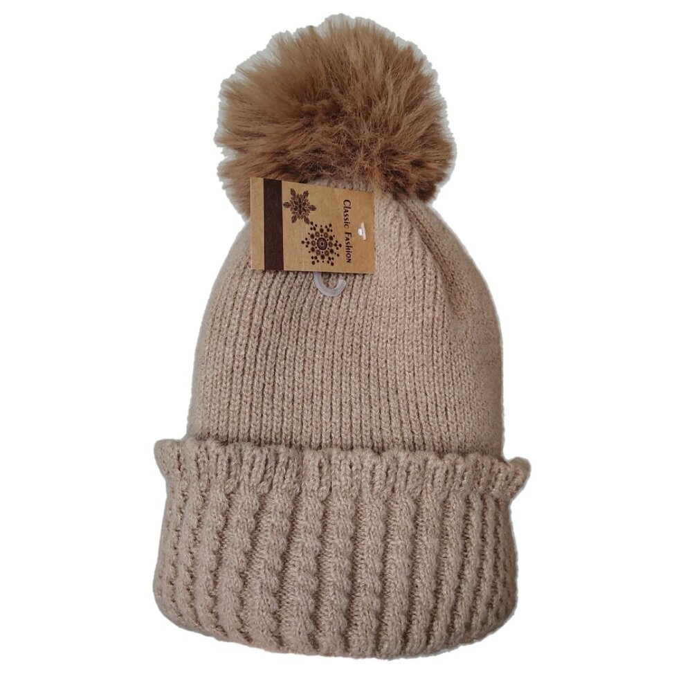 Womens Knit Pom-Pom Beanie‎ OS Tan Brown Fleece Lined Winter Ski Lodge Normcore